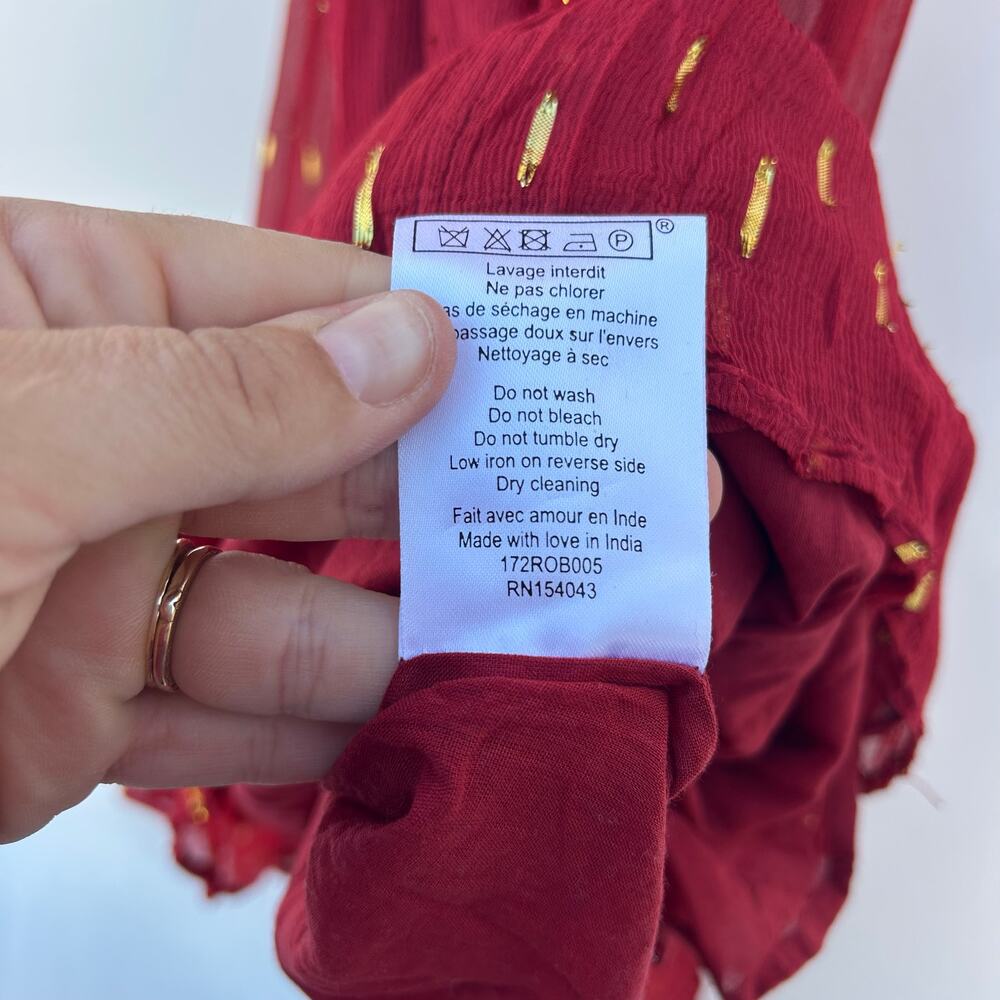 Sezane Celeste Maxi Dress Long Sleeve Red Sheer Bohemian Boho 36 Size 4 - Picture 10 of 10